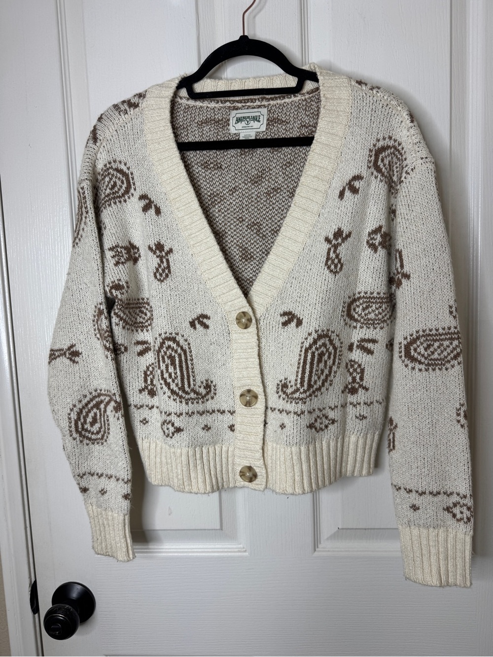American Eagle Outfitters Cream and Brown Paisley Knit Button-Front Cardigan